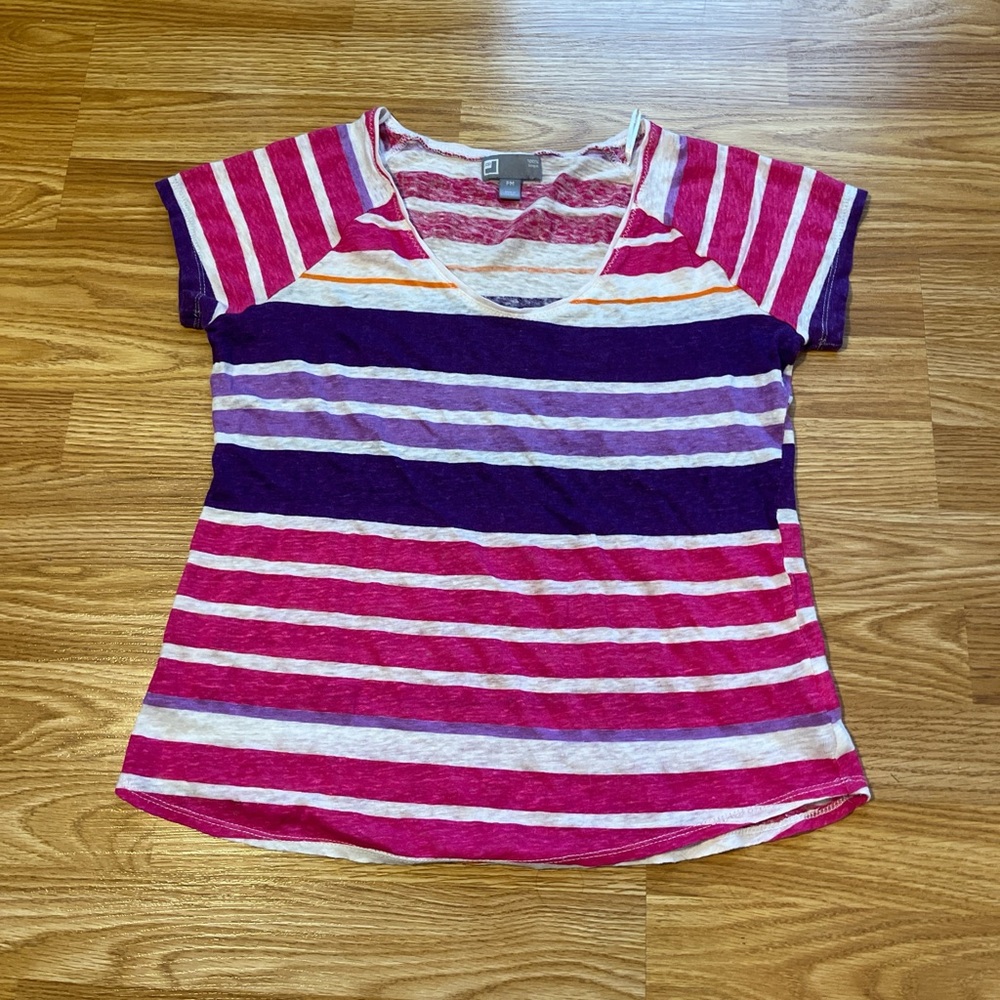 Multi-coloured striped short sleeve t-shirt with pink accents